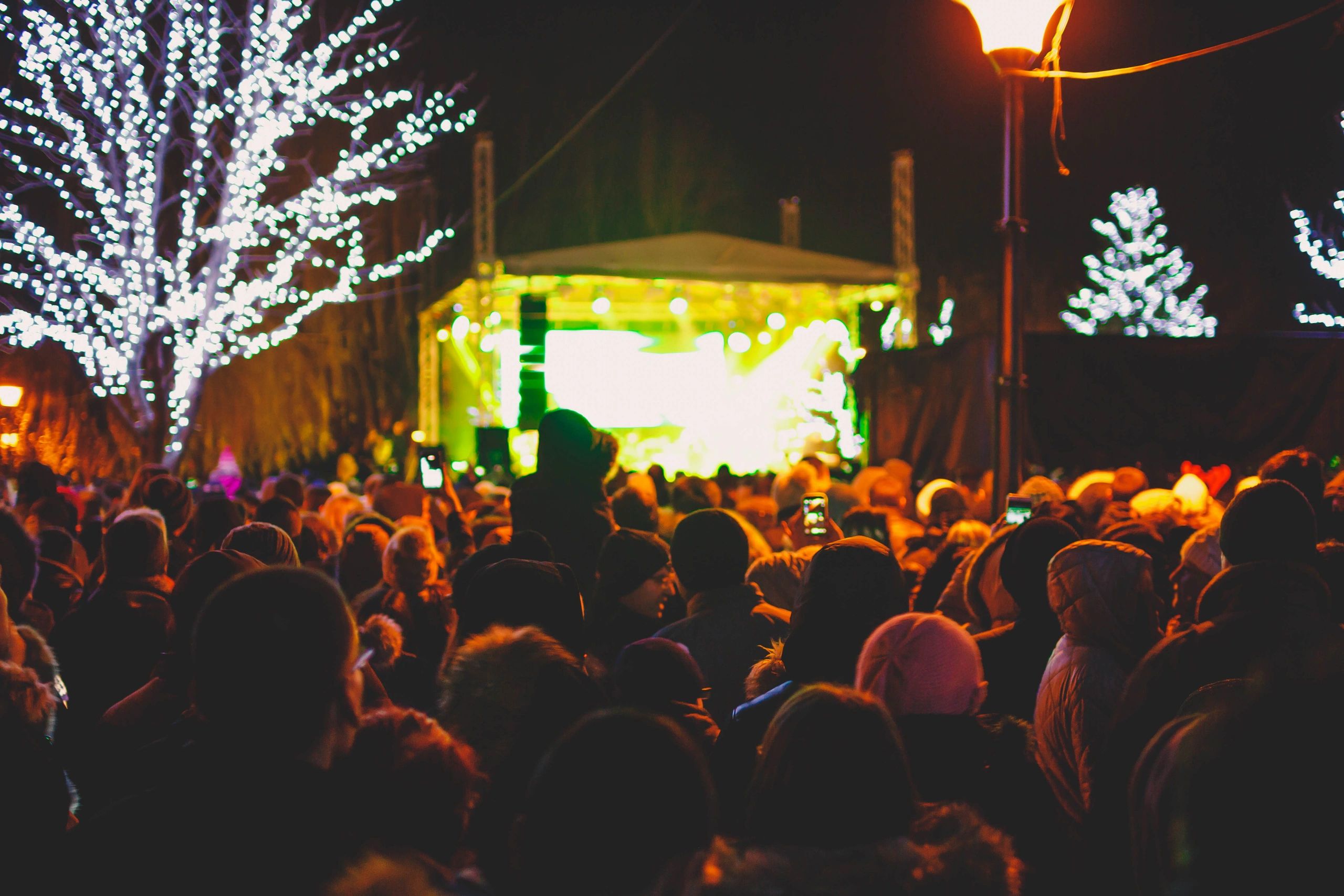 Concert crowd with raised hands during a performance